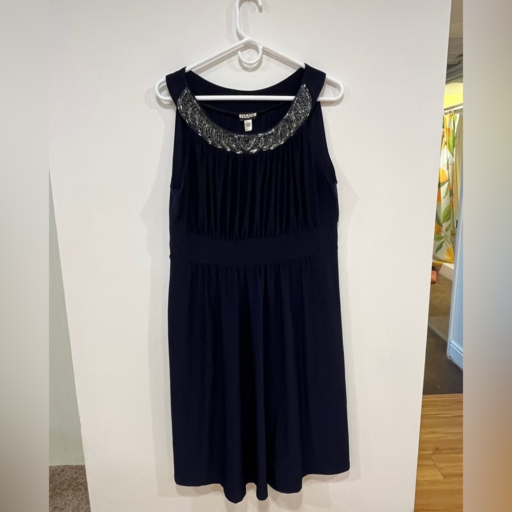 Navy Blue Sleeveless Dress with Embellished Neckline